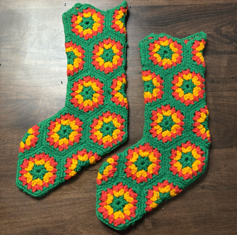 2 Vtg 60s Knit Crochet Christmas Stockings Handmade Granny Hexagon Retro